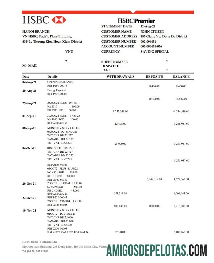 Exemplo de PDF do Excel HSBC do Vietnã